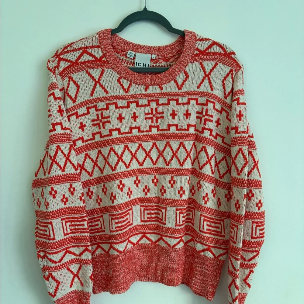 Ichi Cotton Blend Orange and White Patterned Sweater - Picture 1 of 6